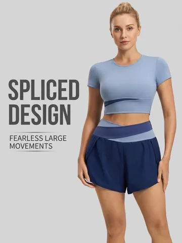 Women Yoga Shorts Polyester Spandex Faux Layered Color Block Cross High Waist Quick Dry Breathable Stretchy Fitness Running Slim Fit