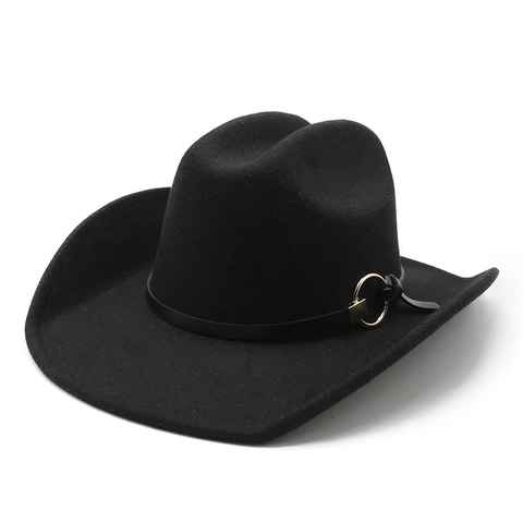Western Cowboy Hat Woolen Felt Wide Brim Fedora With Leather Band Metal Buckle Sun Protection Outdoor For Men Women