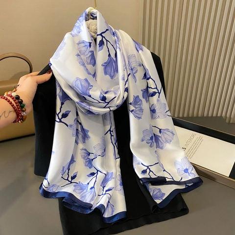 Blumendruck Satin Schal Für Damen Satinnimitat Stola Lange Sonnenschutz Strandtuch Eleganter Koreanischer Stil