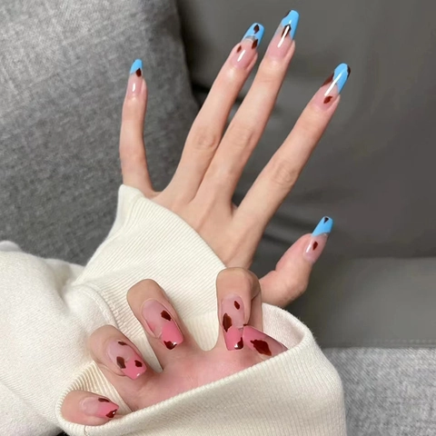 Unghie Finte Lunghe Coffin Maculate Contrasto Blu Rosa Punte Per Unghie In Plastica Rimovibili Trendy Donne Ragazze