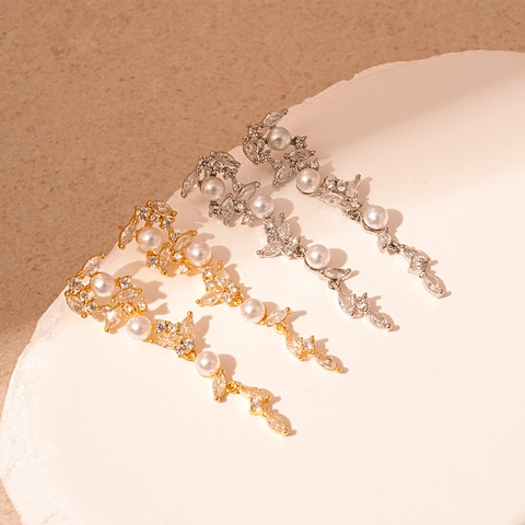Orecchini Pendenti Eleganti In Zircone Spiga Di Grano Con Perla Artificial Sintetica E Perno In Argento Sterling 925 Per Donna