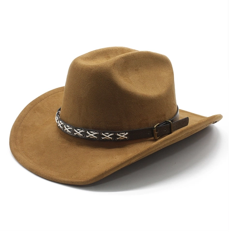 Cappello Da Cowboy Western Vintage Scamosciato A Tesa Larga Fedora Con Fibbia Della Cintura E Punto Croce Unisex