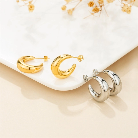 Chunky Hoop Earrings Stainless Steel High Polish C-Shaped Minimalist Twisted Moon Textured Jewelry For Women
