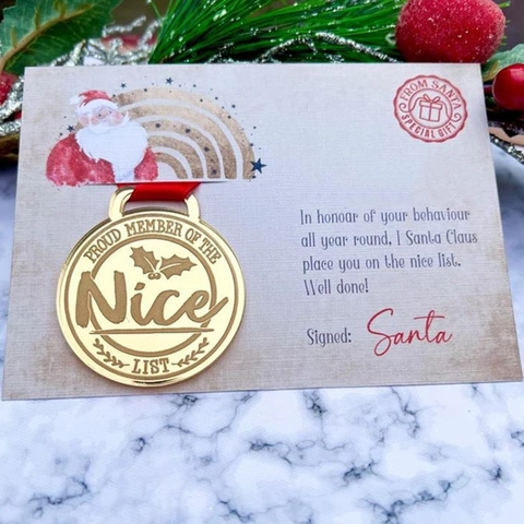 Weihnachts Weihnachtsmann Nice List Goldmedaille Und Grußkarte Auszeichnung Mit Rotem Band Kinder Feiertag Geschenk