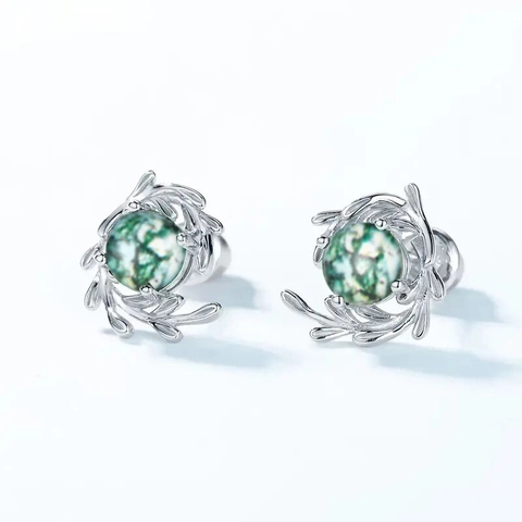 Moss Agate Style Green Round Stone Stud Earrings Copper White Gold Plated Branch Leaf Vine Natural Design For Women