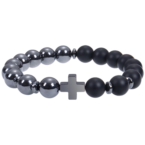 Bracciale Di Perline In Pietra Naturale Con Ematite Occhio Di Tigre Ossidiana Pietra Lavica Ciondolo A Croce Da Uomo