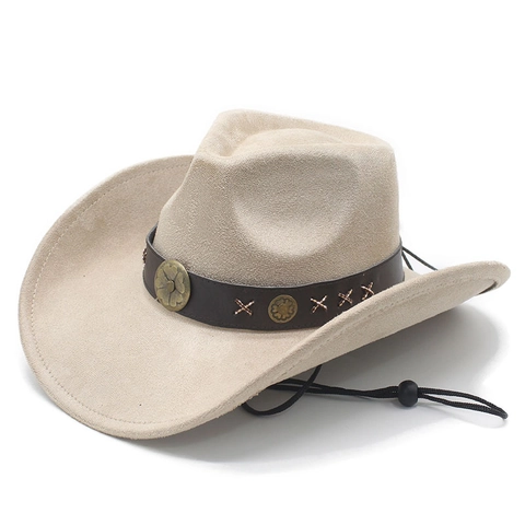 Westerse Cowboyhoed Suède Polyester Brede Rand Vintage Leren Band Metalen Klinknagels Verstelbaar Winddicht Touw Outdoor Unisex