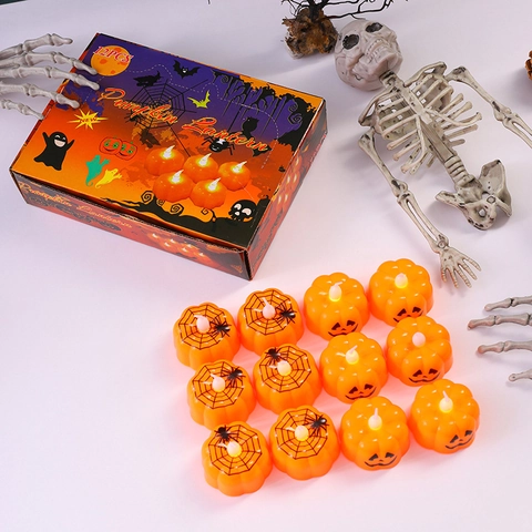 Candele LED Zucca Halloween Plastica Luce Calda Tè Elettronico Senza Fiamma Ornamento Decorazione Ragnatela
