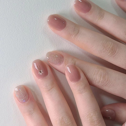 Press On Nails Short Square Pink Nude Glossy Silver Glitter White Flower Pattern Full Cover Artificial False Nails Manicure For Women