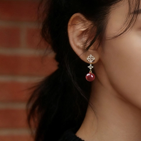 Flower Stud Drop Earrings With Zircon Red Resin Bead Silver Earring Post 18K Gold Plated Vintage Luxury Jewelry Women