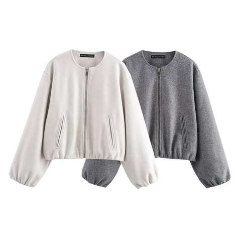 Women Bomber Jacket Soft Felted Solid Color Zip Up Loose Casual Streetwear Outerwear Long Lantern Sleeve Pocket Coat