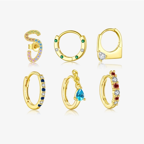 925 Sterling Silver Hoop Stud Earrings Colorful Cubic Zirconia Geometric Heart Flower Delicate Style Women Fine Jewelry