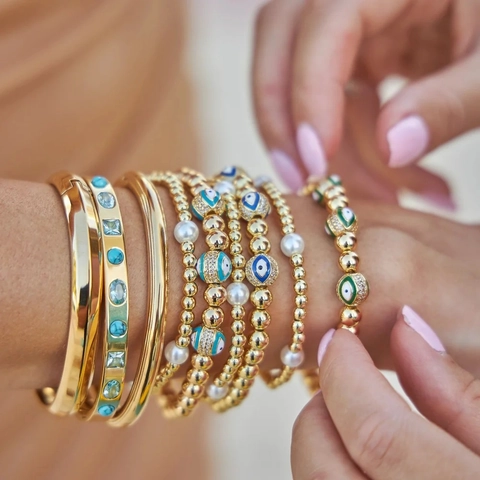 Bracelet À Perles Mauvais Œil Cuivre Plaqué Or 18K Micro Pavé Zircon Émail Bijoux Élastiques Mode Cadeau