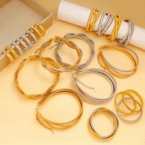 Vintage Stainless Steel Tubogas Jewelry Set For Women Gold Silver Bicolor Spiral Choker Necklace Open Bracelet Stud Earrings Fashion Accessories