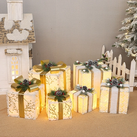 Cajas De Regalo Luminosas De Navidad Felpa Hierro LED Cajas Decorativas Fiesta Diseño Luz Cálida Adornos Decoración Hogar