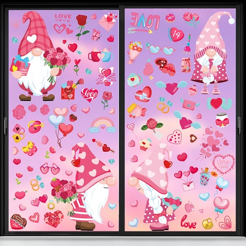 Pegatinas De Ventana San Valentín Doble Cara Estática PVC Adhesivos Gnomo Dibujos Animados Corazón Decoración Vidrio Romántica
