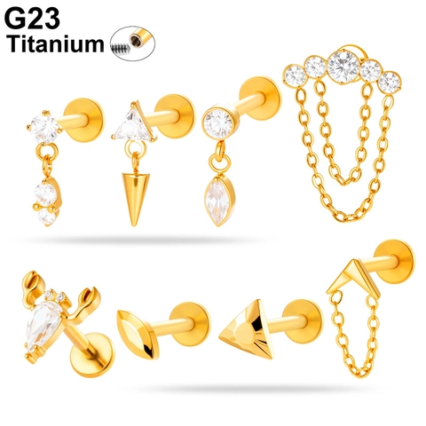 Bijoux De Piercing En Titane G23 Filetage Interne Dos Plat Labret Stud Cartilage Oreille Zircon Chaîne Gland Géométrique