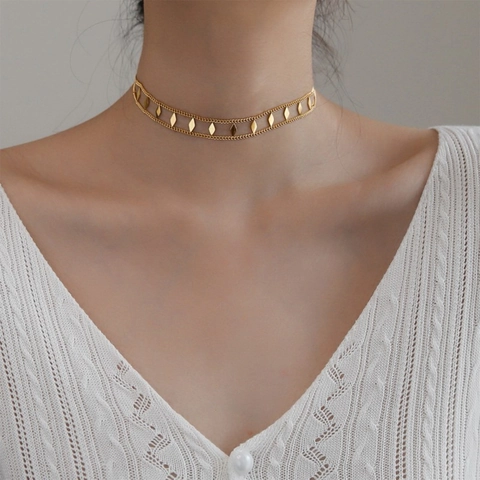Double Layer Necklace Titanium Steel 18K Gold Plated Irregular Rhombus Sequin Geometric Choker Elegant Jewelry Women