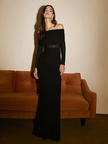 Off The Shoulder Maxi-Jurk Gebreid Geplooid Slim Fit Mesh Patchwork Lange Mouwen Elegant Avondfeest Dames