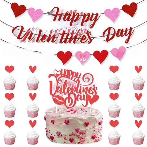 Decorazione San Valentino Banner Carta Glitter Cuore Cake Topper Palloncino Romantico Rosso Rosa Festa Casa Matrimonio Anniversario