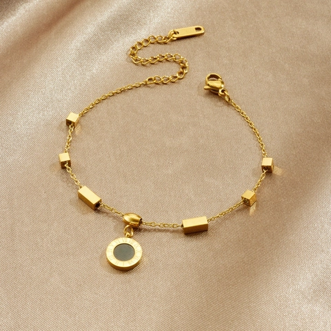 Retro Stainless Steel Bracelet Roman Numeral Round Pendant Black Enamel Geometric Cube Beads Gold Plated Fashion Jewelry