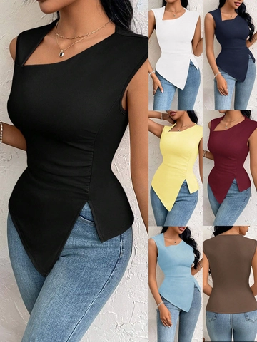 Women Asymmetric Neck Sleeveless Top Irregular Hem Slim Fit Solid Color Polyester Elegant Casual Summer Tank Top