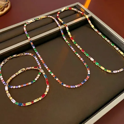 Collar Y Pulsera De Circón De Colores Del Arco Iris Joyería De Lujo Moda Cobre Chapado En Oro Piedra Preciosa Redonda Cuadrada Accesorio
