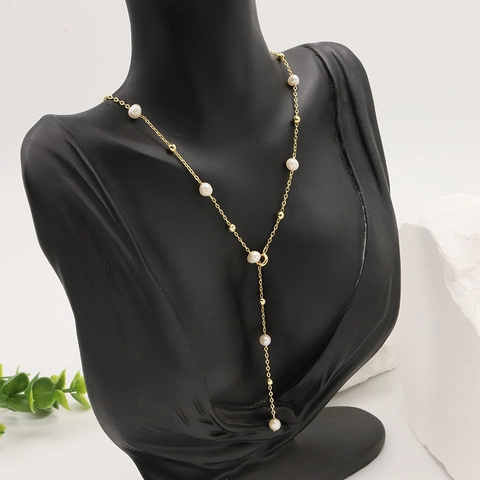 Élégant Collier de Perles d'Eau Douce en Forme de Y pour Femme Plaqué Or 18K Longue Chaîne de Pull Bijoux de Mode