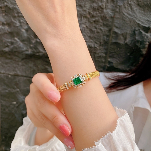 Vintage Italian Luxury Emerald Cut Green Stone Open Bangle Women Copper Hand Woven Gold Plated Rhinestone Jewelry