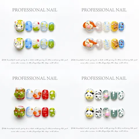 Uñas Postizas a Presión 3D Zodiaco Chino Hechas a Mano Dibujos Animados Animales de Resina para Decoración de Manicura Mujer