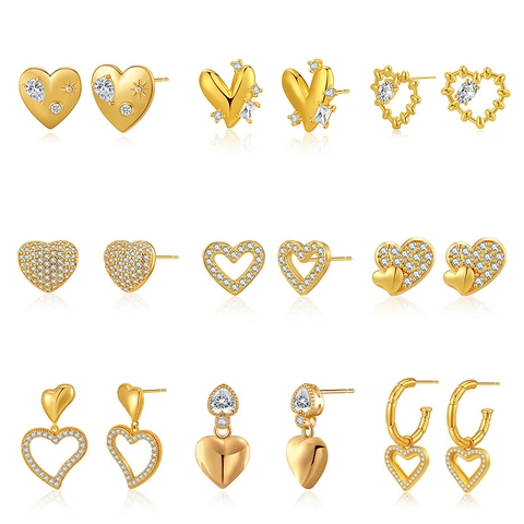 Hart Druppel Knop Oorbellen Koper Zirkoon Verguld Chique Geometrisch Zoet Dames Gouden Oorsteker