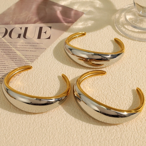 Zweifarbiger Gold Silber Edelstahl Armreif Für Damen Minimalistisch Stromlinienförmig Wassertropfen Offener Armreif Schwerer Schmuck Geschenk
