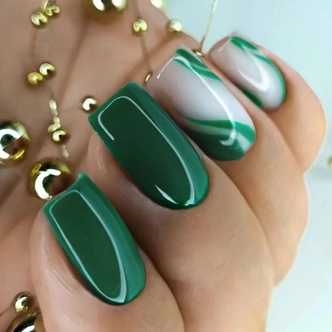 Emerald Green Marble Pattern Press On Nails ABS Plastic Square Medium Length Wave Texture Glossy Manicure For Women