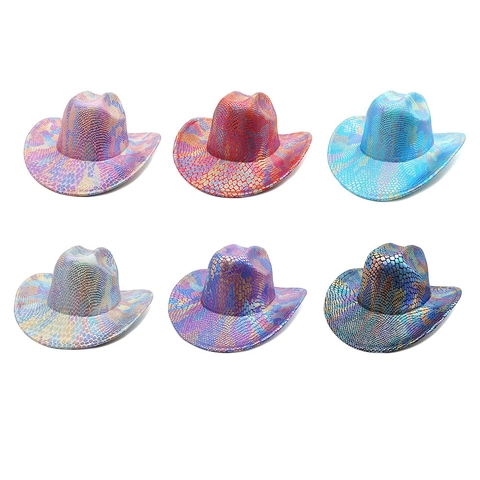 Iridescent Cowboy Hat Metallic Snake Pattern Wide Brim Holographic Polyester Western Party Rave Performance Accessory