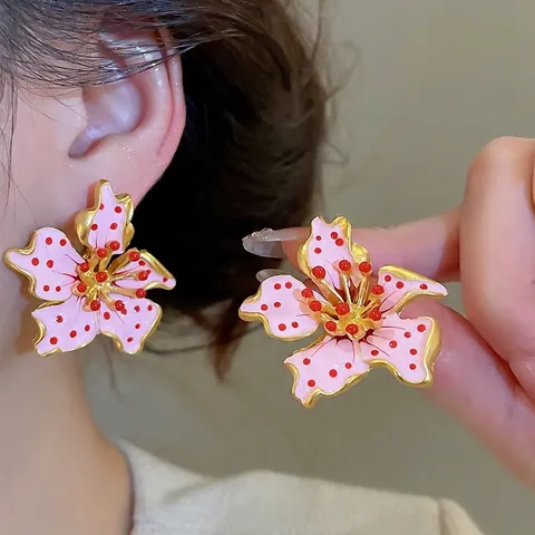 Boucles D'oreilles Fleurs Avec Tige En Argent Sterling 925 Émail Rose Pois Rouges Bijoux En Alliage Rétro Élégants Pour Femmes
