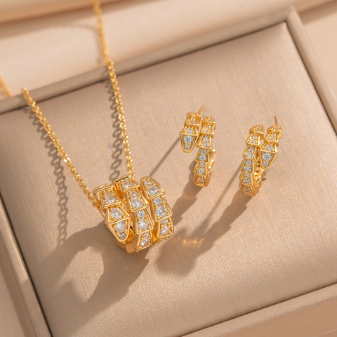 Collana Orecchini Serpente Gioielli Rame Placcato Oro 18K Pave Zircone Per Donne Moda Lusso Accessorio