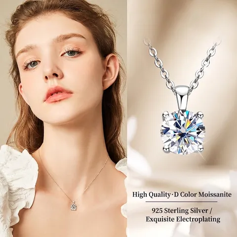 Moissanite Solitaire Pendant Necklace 925 Sterling Silver Round Prong Set Sparkly Jewelry For Women Elegant Gift