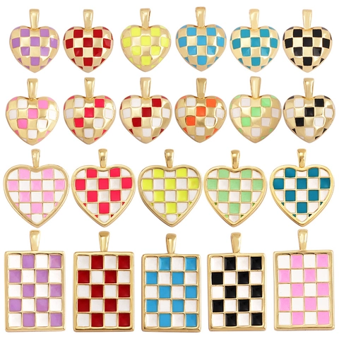 Ciondoli Pendenti Cuore Scacchiera Smalto Rame Geometrici Placcati Oro Con Zirconi Per Creazione Gioielli DIY