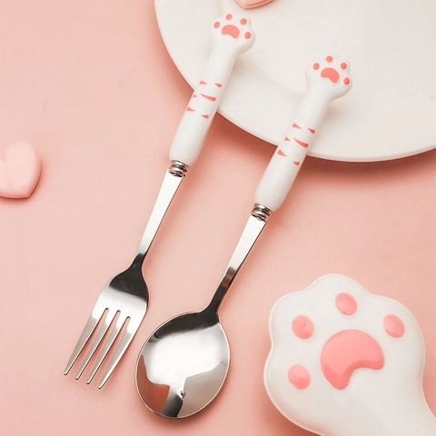 Cute Cat Paw Spoon And Fork Cutlery Stainless Steel Silicone Handle Portable Travel Picnic For Kids And Students Mirror Polished