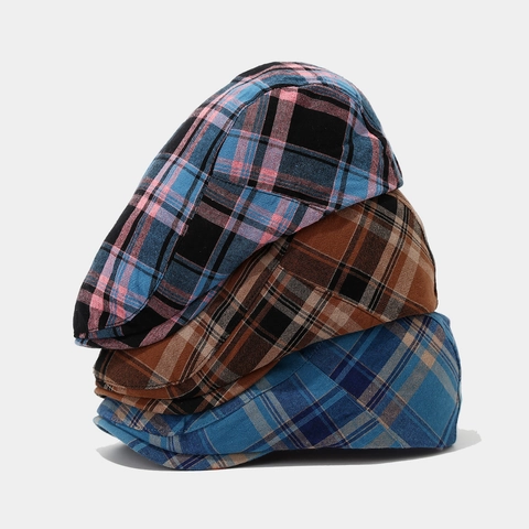 Vintage Plaid Flat Cap Cotton Breathable Ivy Newsboy Hat Retro British Style For Men Women Color Block