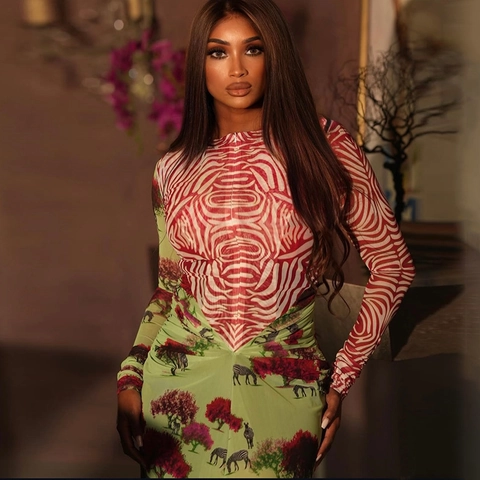 Women Long Sleeve Maxi Dress Splicing Zebra And Landscape Print Slim Fit Round Neck Polyester Spandex Mesh Fashion