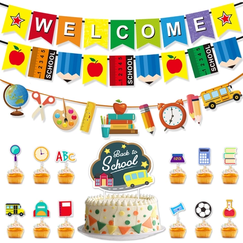 Decorazione Per Festa Bentornati A Scuola Striscioni Di Carta E Cupcake Toppers Arredamento Festa In Classe