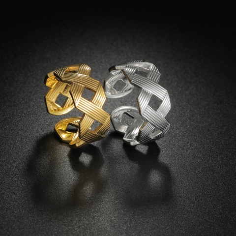 European American Style Stainless Steel Geometric Hollow Woven Pattern Open Adjustable Ring For Women Fashion Jewelry