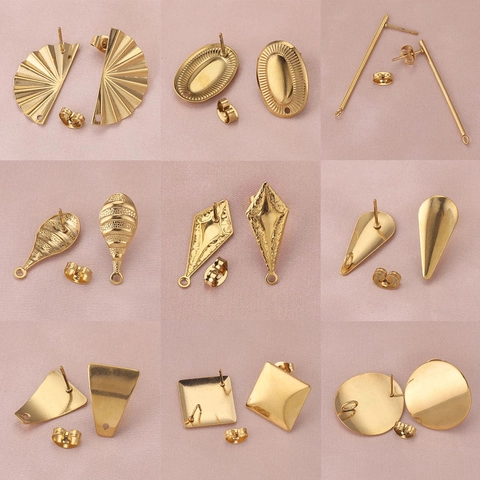 Stainless Steel Earring Stud Findings 18K Gold Plated DIY Geometric Earring Bases With Loop For Jewelry Making