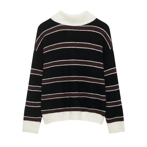 Maglione In Maglia A Righe In Poliestere Da Donna Colletto A Polo Manica Lunga Bottoni Top