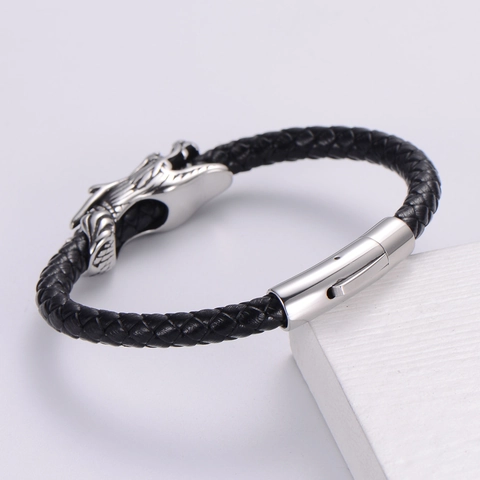 Pulsera De Cabeza De Dragón Para Hombre Cierre De Acero Inoxidable Cuero PU Trenzado Joyería Punk Rock Vintage