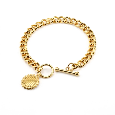 Collier Et Bracelet En Acier Inoxydable Plaqué Or 18K Mailles Cubaines Pendentif Tournesol Fermoir Cabillot Bijoux Hip Hop