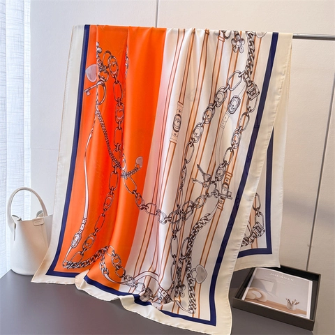 Bufanda De Satén Elegante Con Estampado Floral Para Mujer Chal Largo Textura Sedosa Patrón Cadena Retro Protección Solar Pañuelo