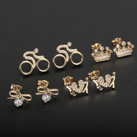 Fashion Heart Bow Crown Stud Earrings 18K Gold Plated Copper AAA Zircon 925 Sterling Silver Earring Post Jewelry Women