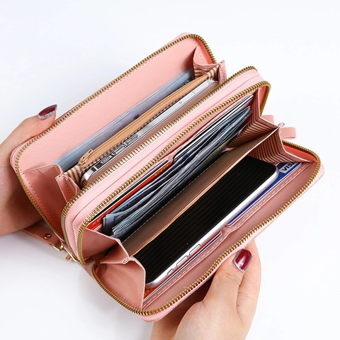 Women Long Wallet PU Leather Double Zipper Large Capacity Embossed Mobile Phone Clutch Handbag Fashion Elegant